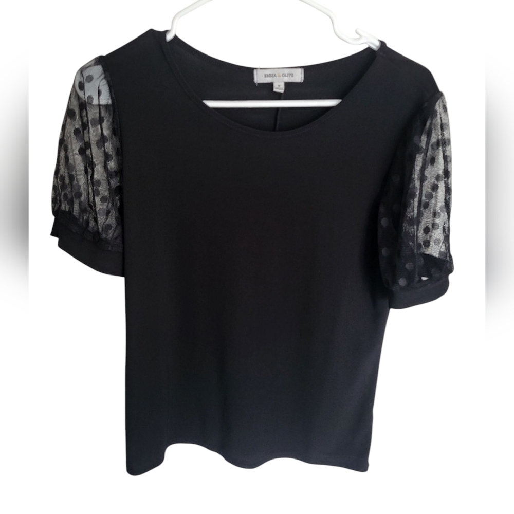 Ladies Black Top with Sheer Polka Dot Sleeves